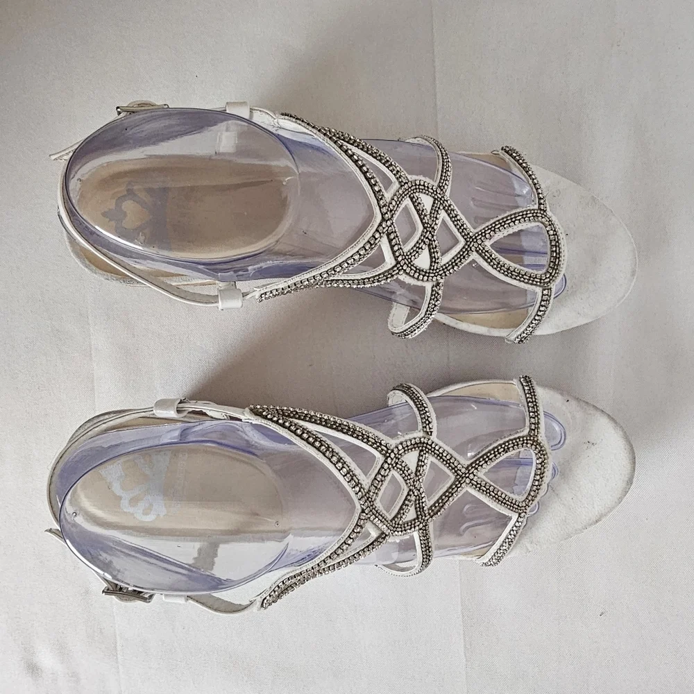 Fergalicious White Strappy Cork Wedge Summer Sandals Rhinestone Size 9.5